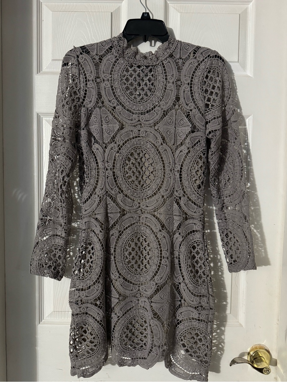 Women’s Gray Crochet Lace Mini Long-Sleeve Dress